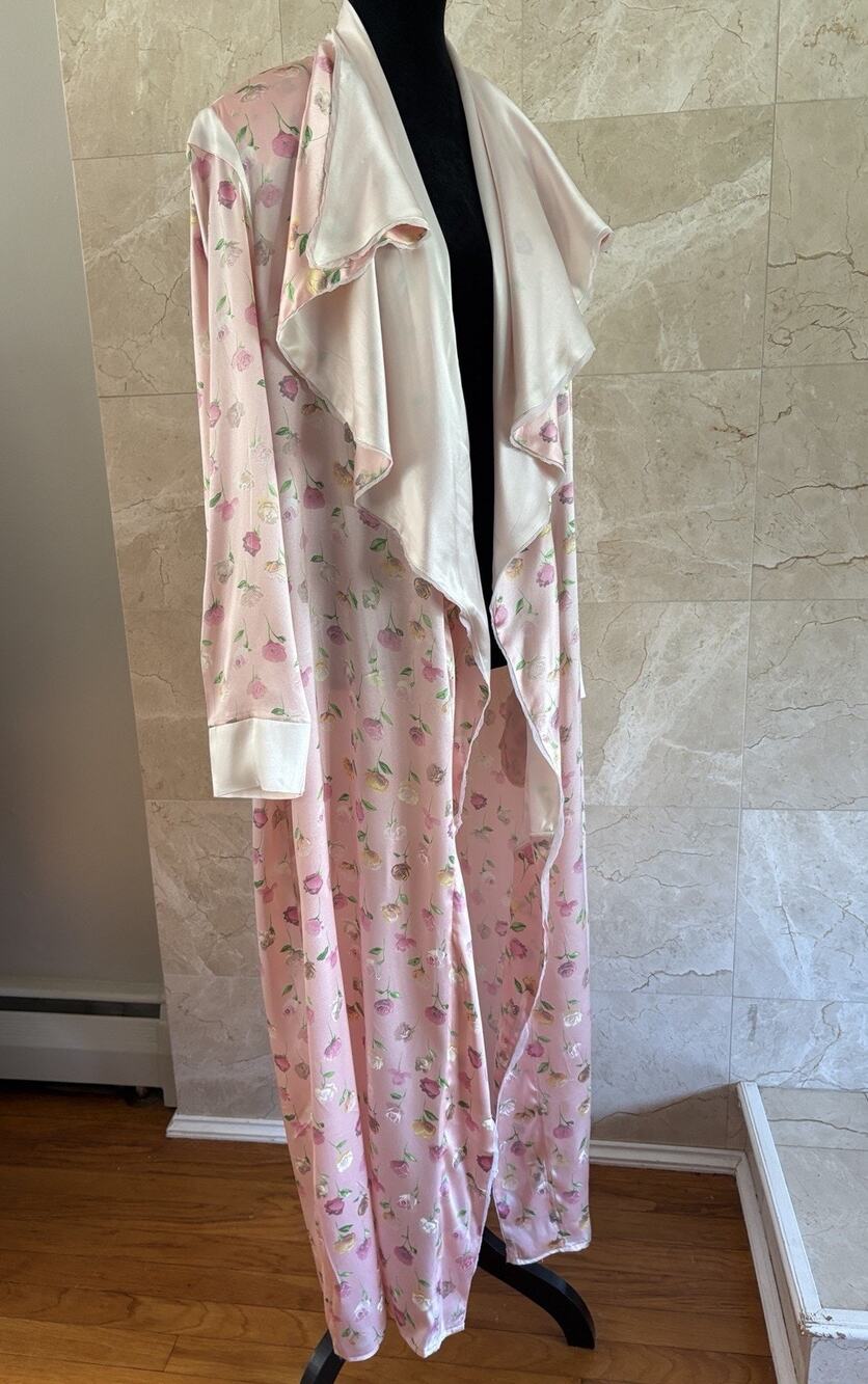 VTG 80s Satin Floral Robe - S/M Shoulder Pads Waterfall Collar Pink Cream